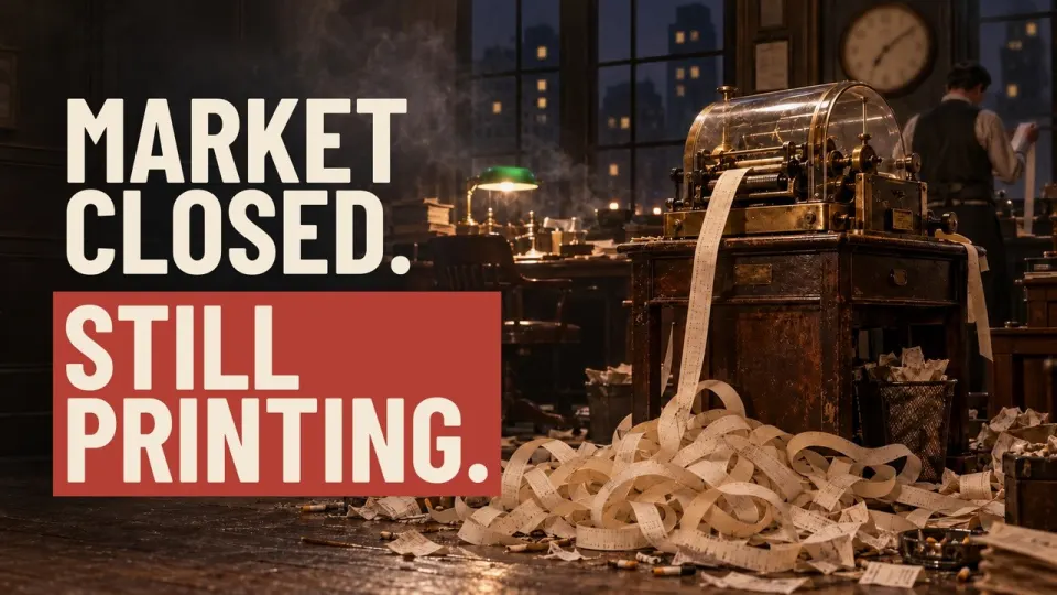 1929 stock market crash documentary thumbnail — ticker room, market closed, still printing